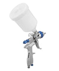 Top Shelf Aluminum Alloy Pneumatic Paint Sprayer With 1.4mm Nozzle Built To Last For Auto Body Work And Furniture Projects, side view with gravity cup.