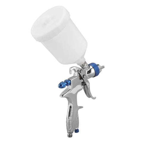 Top Shelf Aluminum Alloy Pneumatic Paint Sprayer With 1.4mm Nozzle Built To Last For Auto Body Work And Furniture Projects, side view with gravity cup.