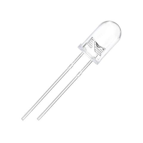 Single 5mm transparent LED diode with two leads, part of 100 Pcs 5mm Red LED Diodes Set For Electronics Projects Clear Round Transparent Housing DC 2V 20mA High Brightness Indicator Lights For DIY Lighting And Prototyping.