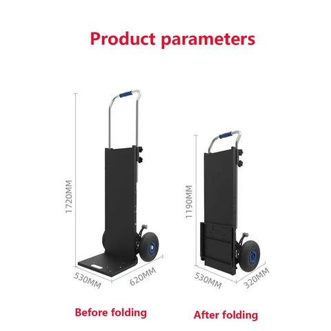 Electric Stair Climber Hand Truck With Silent Brushless Motor And Removable Battery For Warehouse Logistics Distribution Effortlessly Moving Heavy Loads Up And Down Steps Like A Pro before and after folding dimensions