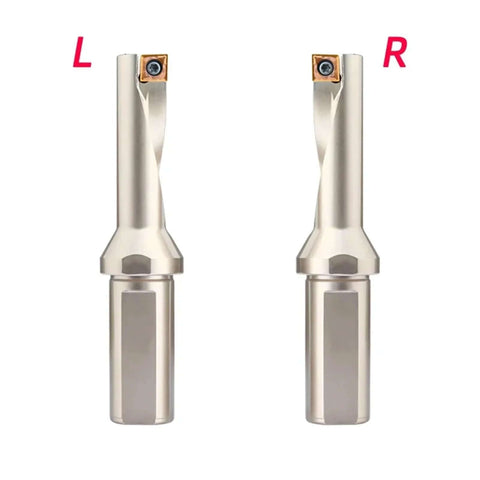 Front view: pair of single-edge U-drills with replaceable orange carbide inserts (left and right).