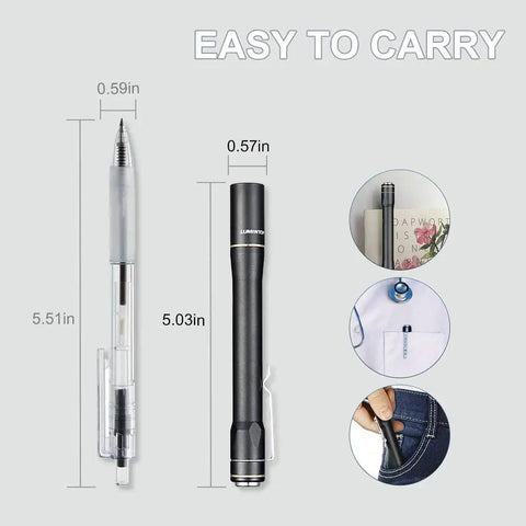 IYP365 Nichia High CRI Pen Light For Nurses And Docs beside ballpoint pen, fitted in pocket and pants for easy carry
