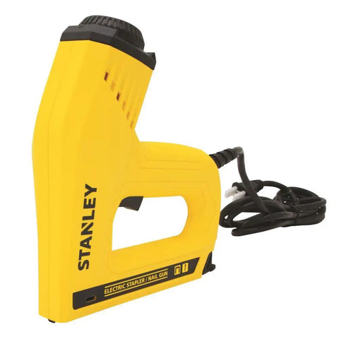 Heavy Duty Electric Staple And Brad Nail Gun With Dual Hi Lo Trigger For No Sweat Woodworking displayed from the side.