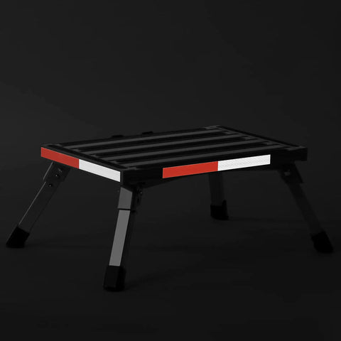 Beefy Heavy Duty Aluminum RV Steps Folding Platform Stool with anti slip surface, reflective strips, rubber feet, portable handle.