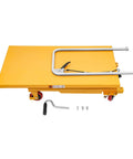 Yellow hydraulic scissor lift table cart with four locking wheels and a U-shaped handle; includes mounting hardware