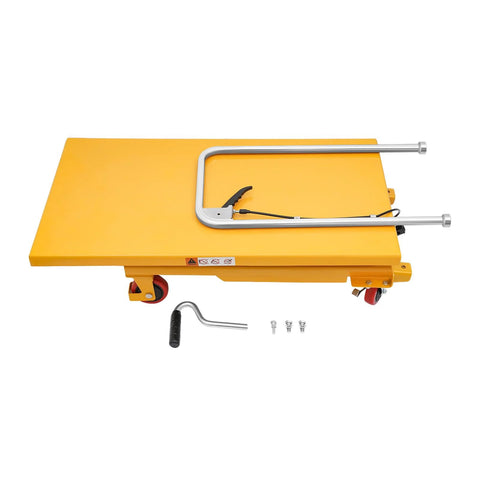 Yellow hydraulic scissor lift table cart with four locking wheels and a U-shaped handle; includes mounting hardware