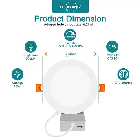 6 Inch LED Recessed Light With Junction Box 12W 900LM Dimmable Can Lights 5CCT Adjustable 2700K To 5000K product dimensions