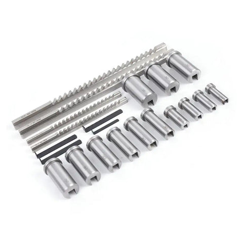 22-Piece Keyway Broach Set With Collared Bushing Shim Kit, Metric Size Metalworking Tools For Precision Machining, Heavy-Duty Pro Grade High-Speed Steel Construction, Durable, Long-Lasting Cutting Kit displayed on white background