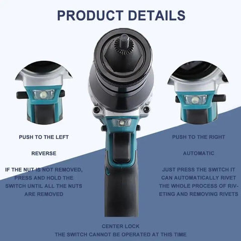 Cordless Electric Rivet Nut Gun Set With Brushless Motor, Two Speed Settings, And Built In Led Light showing detailed operation buttons.