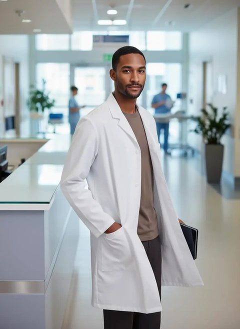 White Unisex Lab Coat With Roomy Over Clothing Fit Dope Workwear Laboratory Coat For Everyday Use Durable Lab Jacket For Men And Women Classic Yet Modern Style Size M in a hospital setting