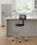 Rolling Stool With Back Rest, Swivel Adjustable Heavy Duty Chair On Wheels in kitchen, PU Leather Seat, Contoured Back Support