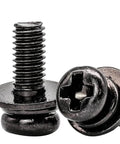 Close-up of M4x10mm VESA Screws Set With Lock Washers And Flat Washers, Phillips head, black finish, for TV mount