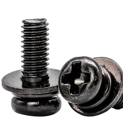 Close-up of M4x10mm VESA Screws Set With Lock Washers And Flat Washers, Phillips head, black finish, for TV mount