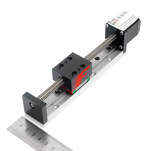 Mini Linear Rail Slide Guide For CNC Motion Table With Nema 14 Stepper Motor, 50 To 300mm Stroke, 0.02mm Repeatability, ruler shown