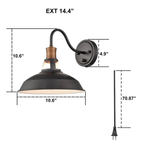 2 Pack Farmhouse Plug In Wall Sconces With Gooseneck Arms And Barn Shade Matte Black Finish With Antique Brass Lamp Heads