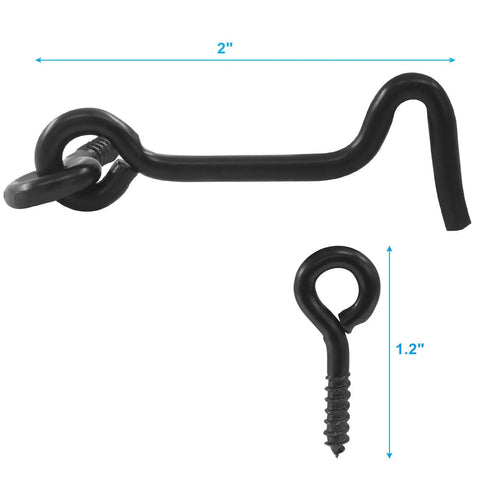Beefy 5 Pack Swivel Hook And Eye Latches For Barn Gates Windows And Doors Legit Heavy Duty Steel Security Hooks showing 2 inch hook and 1.2 inch eye screw.