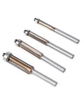 Premium 4 Piece Flush Trim Router Bit Set With Quarter Inch Universal Shank And Solid Carbide Tips for clean edge routing.