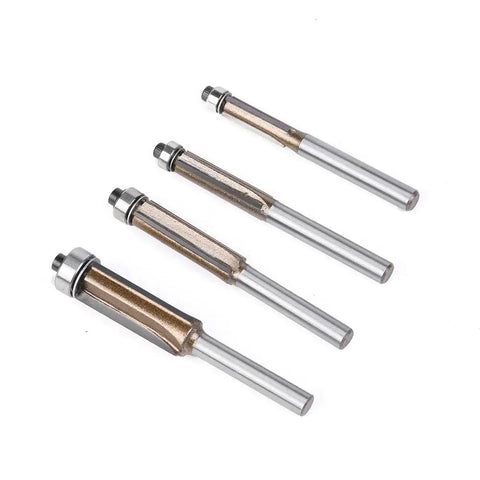 Premium 4 Piece Flush Trim Router Bit Set With Quarter Inch Universal Shank And Solid Carbide Tips for clean edge routing.