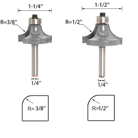 Six Piece Roundover Router Bit Set With 1/4 Inch Shank Carbide Bits And Six Bearings For Corner Rounding Radius Options 3/8 1/2 Inch