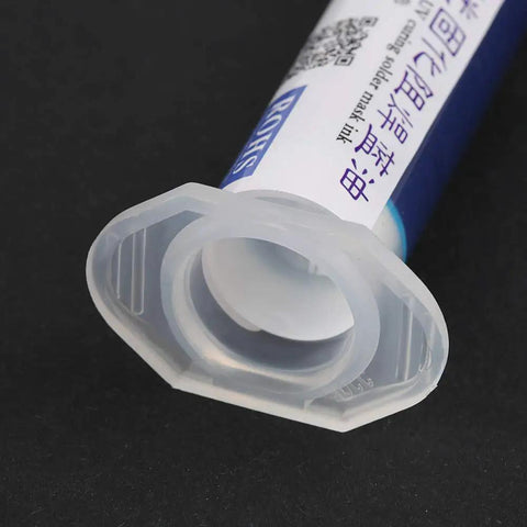 Close-up of the nozzle of DIY Friendly UV Curing Solder Paste For PCB Repairs, Non Clean Flux That Requires No Wash, 10cc tube, top view.