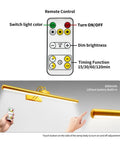 Remote control features of Wireless 26 Inch Picture Light With Rechargeable 8000mAh Battery Remote Control Dimmable Brightness And Timer Off 3 Lighting Modes Full Metal Gold Finish Art Display Light For Paintings And Photos 70 LEDs 1 Pack For Home Studio And Gallery Use.