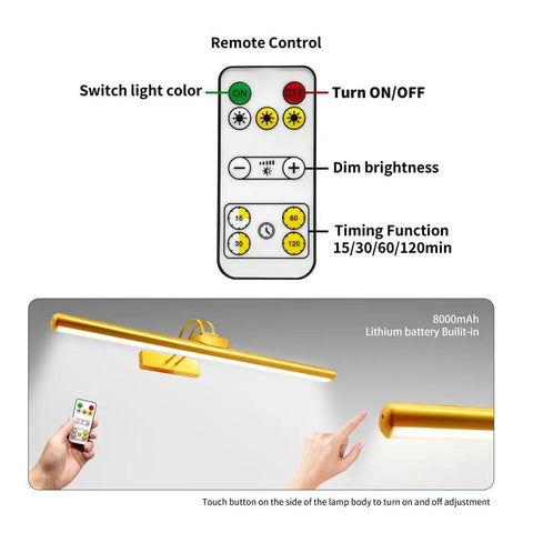 Remote control features of Wireless 26 Inch Picture Light With Rechargeable 8000mAh Battery Remote Control Dimmable Brightness And Timer Off 3 Lighting Modes Full Metal Gold Finish Art Display Light For Paintings And Photos 70 LEDs 1 Pack For Home Studio And Gallery Use.
