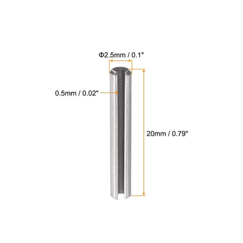 Slotted Spring Pin M2.5 x 20mm, 304 Stainless Steel Split Roll Dowel Pin, Plain Finish, with dimensions