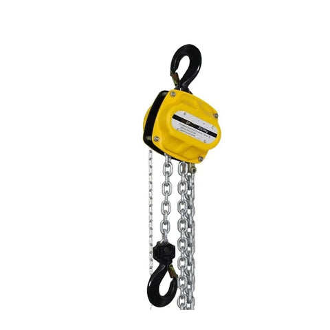 Sturdy One Ton Manual Pulley Chain Block Hoist Crane Lifting Machine With Durable Black Finish For Heavy Duty Garage Jobs And Warehouse Work, yellow hoist with metal chain.