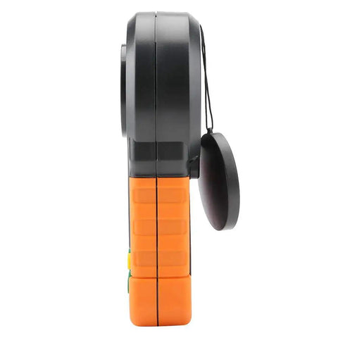 Digital Light Meter Lux Meter PM6612 and PM6612L with 200000 Lux High Range Auto Manual Range Data Hold Min Max Readouts Handheld Photometer Luminometer Workhorse for Lighting Photography Horticulture side view black orange ABS body with lens cap
