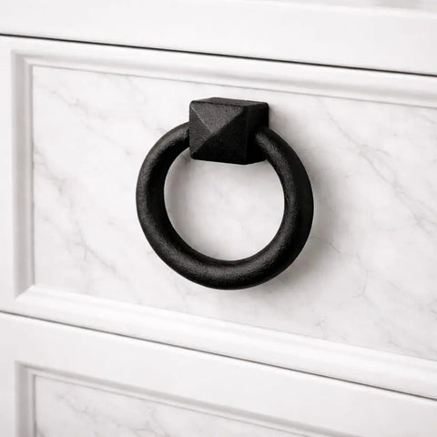 Black Cast Iron Cabinet Drawer Ring Pull, Mission Style Antique Drop, 1-7/8 Inch Swing Ring on white drawer