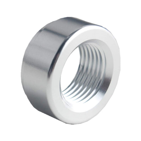Pair Of 3/8 Inch NPT Aluminum Weld On Bung Fittings For Fuel Tanks Lightweight 6061 Alloy close-up view of threaded aluminum bung.
