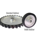 Top Shelf 65a Rubber Belt Grinder Contact Wheel With Rock Solid Aluminum Core and Pre-Mounted Half Inch Bearings, serrated and solid rubber design.