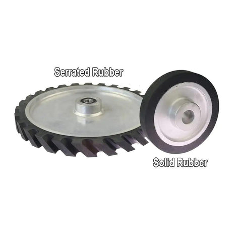 Top Shelf 65a Rubber Belt Grinder Contact Wheel With Rock Solid Aluminum Core and Pre-Mounted Half Inch Bearings, serrated and solid rubber design.