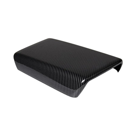 Sleek Carbon Fiber Center Console Cover Compatible With Tesla Model 3 And Model Y 2017 To 2023 top view showing protective armrest box wrap.