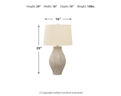 Dope Modern Table Lamp With Textured Paper Composite Base And Modified Drum Shade, 3 Way Lighting, 16 Inch Diameter, Beige Decor