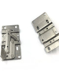 Front view of hidden-spring cabinet hinge set for drop-leaf cabinets; metal, silver finish, two pieces shown