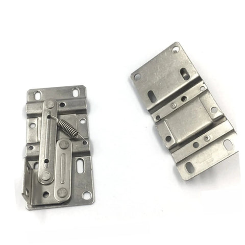 Front view of hidden-spring cabinet hinge set for drop-leaf cabinets; metal, silver finish, two pieces shown