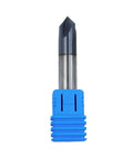 Front view of 3/8in solid carbide end mill with 4 flutes and blue plastic protective cap