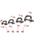 Stainless Steel Dee Shackle Set M4 To M14 304 Antirust U Type Bow Shackle Built Tough Heavy Duty Load Bearing With Burr Free Finish Moisture And Corrosion Resistant Ideal For Rigging Lifting And Towing displayed in increasing sizes from M4 to M8 with measurements.