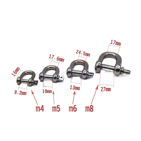 Stainless Steel Dee Shackle Set M4 To M14 304 Antirust U Type Bow Shackle Built Tough Heavy Duty Load Bearing With Burr Free Finish Moisture And Corrosion Resistant Ideal For Rigging Lifting And Towing displayed in increasing sizes from M4 to M8 with measurements.