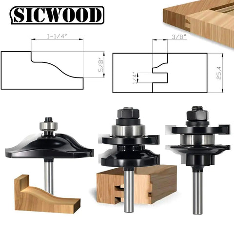 Three Piece Cabinet Door Router Bit Set With 1/4 Inch Shank, Raised Panel Router Bits For Cabinet Doors And Window Frames, Ogee Rail And Stile Bit Set, Pro Grade Quality With Sharp C3 Carbide Inserts with diagram and wood pieces