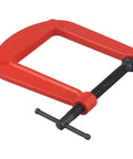 Massive 110mm Jaw G Clamp With Deep Throat For Welding And Woodworking Projects Made From Durable Cast Iron Rust Resistant Orange Finish Heavy Duty C-Clamp For Gluing And Assembly Tasks No Sweat Guarantee, red clamp with a threaded screw