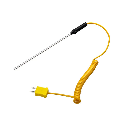 K Type Thermocouple Probe Handheld Temperature Sensor Stainless Steel Tip Built To Last In Harsh Environments High Temperature Range Minus 50 To 400 C Easy To Clean Workhorse For Industrial And Lab Use TP15 image of yellow coiled cable with stainless steel probe