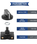 Four Pack Rotary Switches Rated 13 Amps At 125 Volts And 10 Amps At 250 Volts, showing latching switch and knob with parameters.