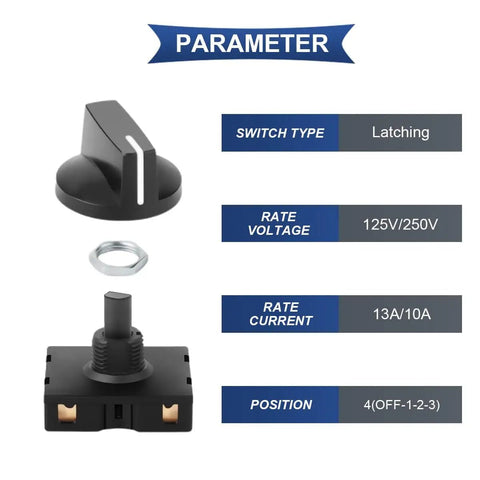 Four Pack Rotary Switches Rated 13 Amps At 125 Volts And 10 Amps At 250 Volts, showing latching switch and knob with parameters.