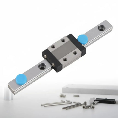 Miniature 9mm Width Linear Rail Guide Kit With Ball Retainer, showcasing compact design and included hardware for precise motion tracking.