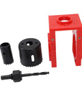 Super Cool Wooden Door Lock Installation Kit With Carbon Steel Saw Blades And Guide Template For Easy Deadbolt Setup On Doors, Fits Multiple Sizes. Red guide template, hole saws and drill bit for wood door lock installation