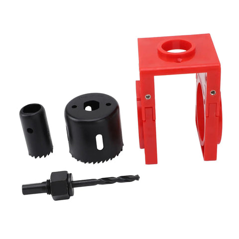 Super Cool Wooden Door Lock Installation Kit With Carbon Steel Saw Blades And Guide Template For Easy Deadbolt Setup On Doors, Fits Multiple Sizes. Red guide template, hole saws and drill bit for wood door lock installation