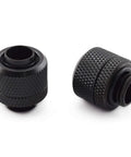 Two black knurled compression fittings for soft tubing, PC water cooling system connectors.