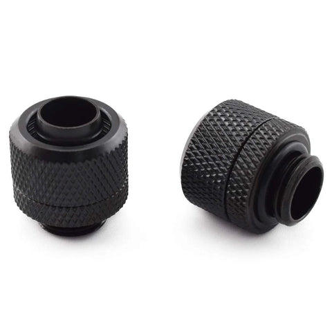 Two black knurled compression fittings for soft tubing, PC water cooling system connectors.
